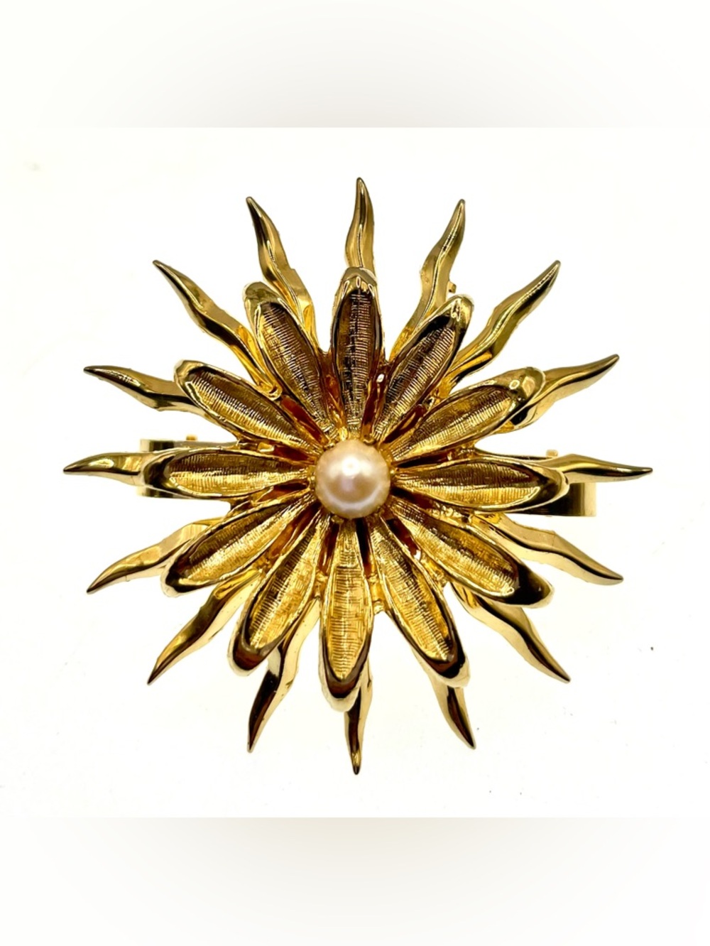 Vintage Flower Scarf Clip Faux Pearl Starburst Hinged Gold Tone Mid Century